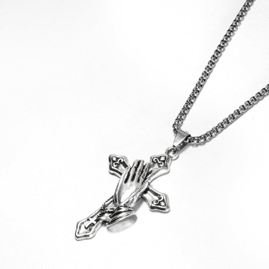 Colar Masculino com Pingente De Mãos Em Oração Com Cruz Aço Inoxidável 70cm - Monterrier