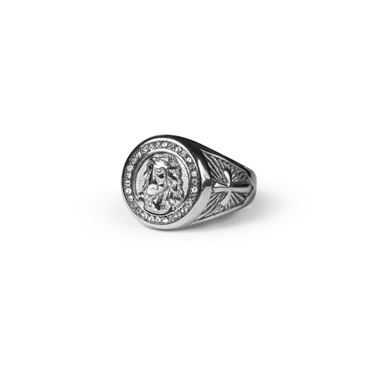 Anel Masculino Redondo Cravejado Rosto de Jesus Cristo em Aço Inoxidável