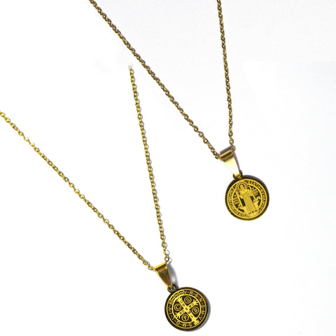 Colar Corrente com Pingente Medalha São Bento Dourada Aço Inoxidável 60cm - Monterrier
