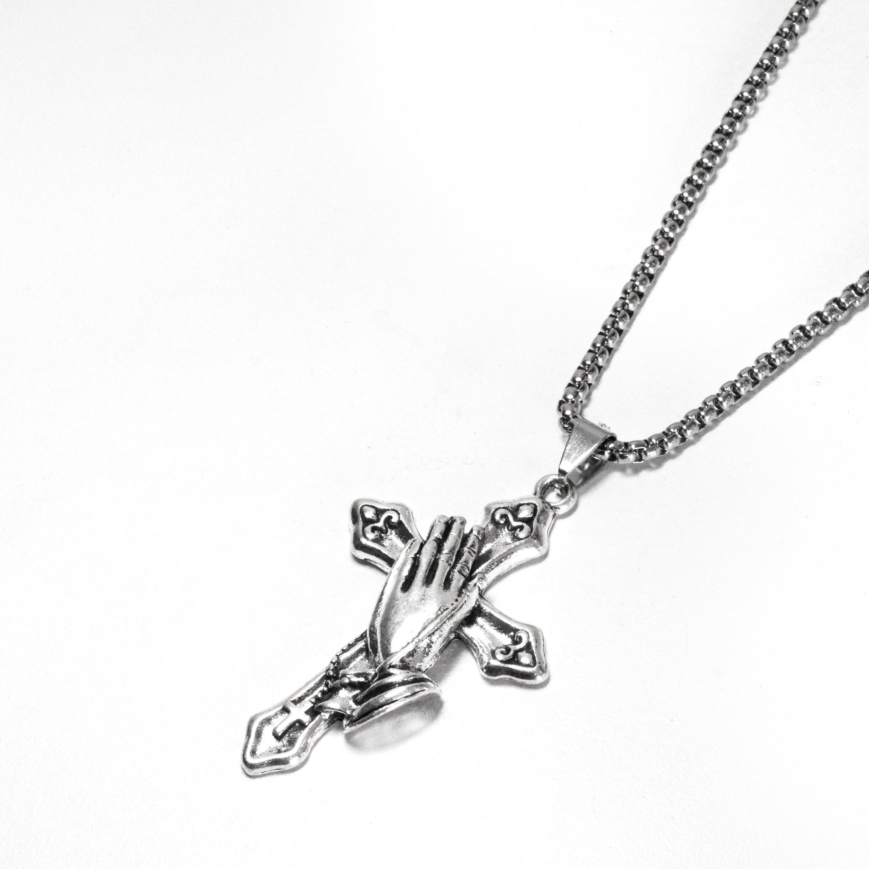 Colar Masculino com Pingente De Mãos Em Oração Com Cruz Aço Inoxidável 70cm - Monterrier