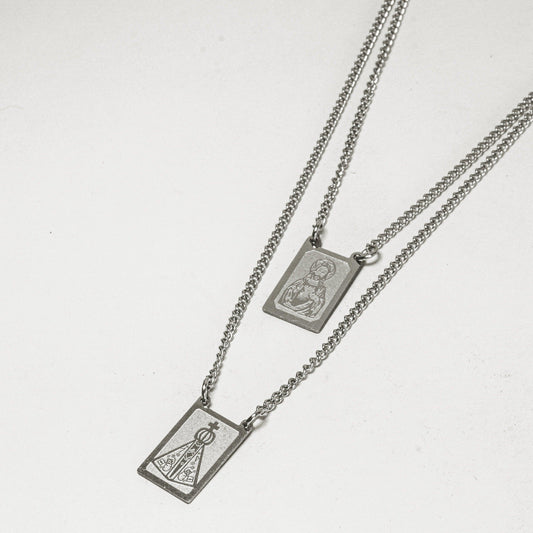 Escapulário Masculino Sagrado Coração de Jesus e Nossa Senhora Aparecida Aço Inoxidável - Monterrier