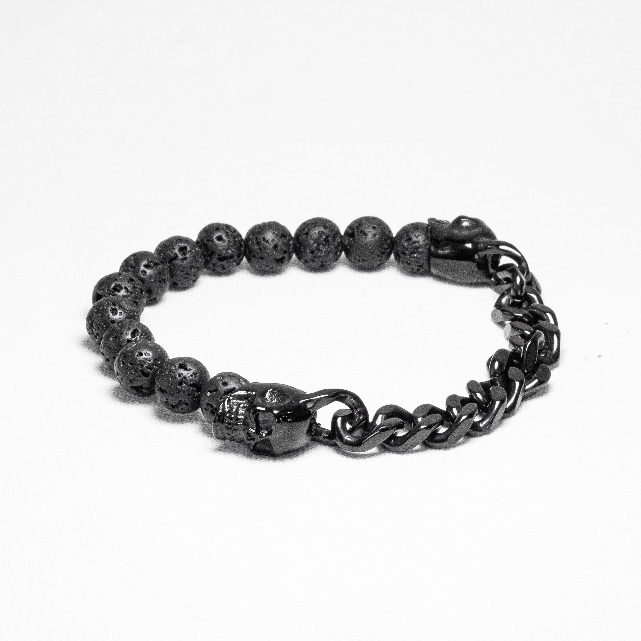 Pulseira Pedra Vulcânica Crânio Caveiras Aço Inoxidável - Monterrier