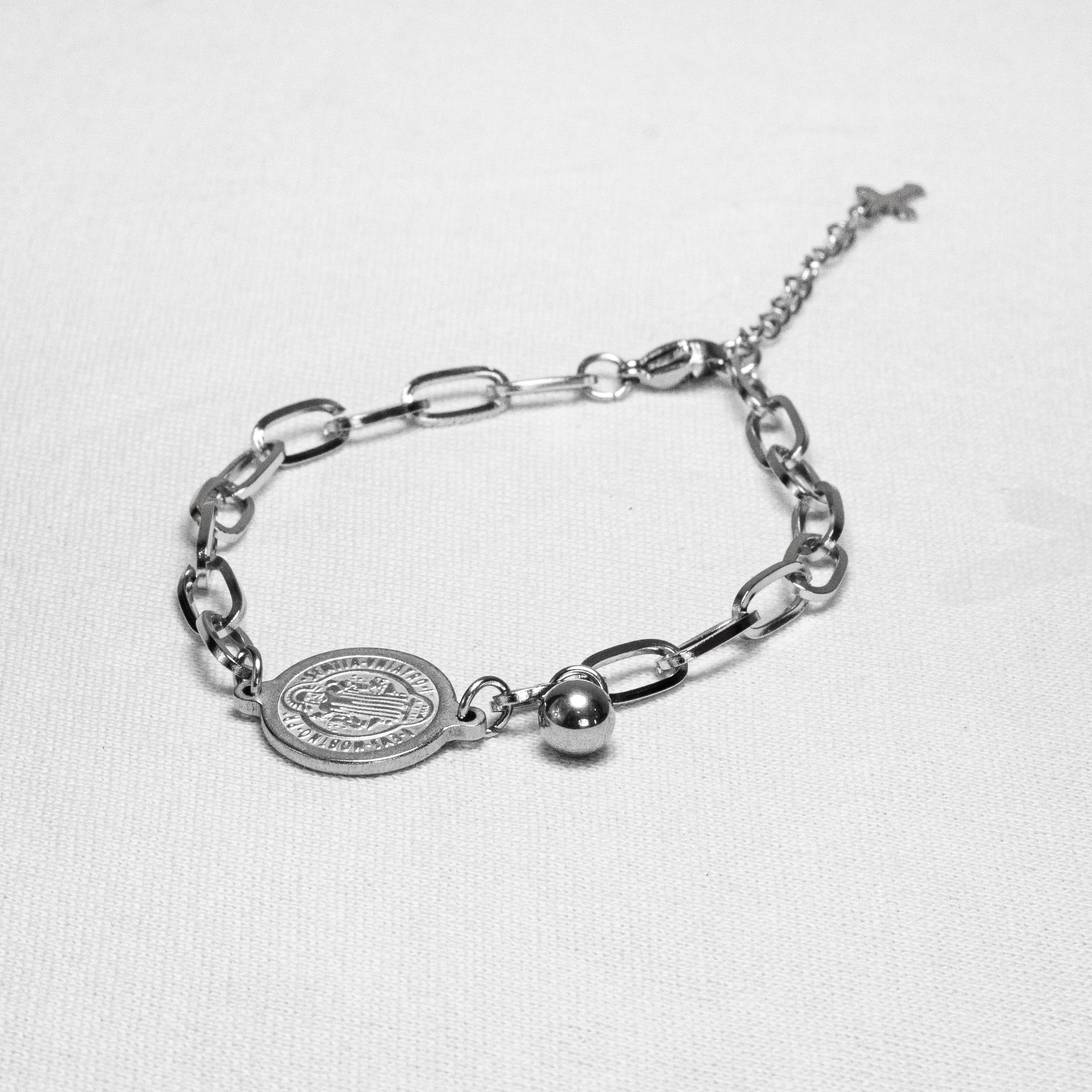 Pulseira Medalha de São Bento Ajustável Aço Inoxidável 22cm - Monterrier