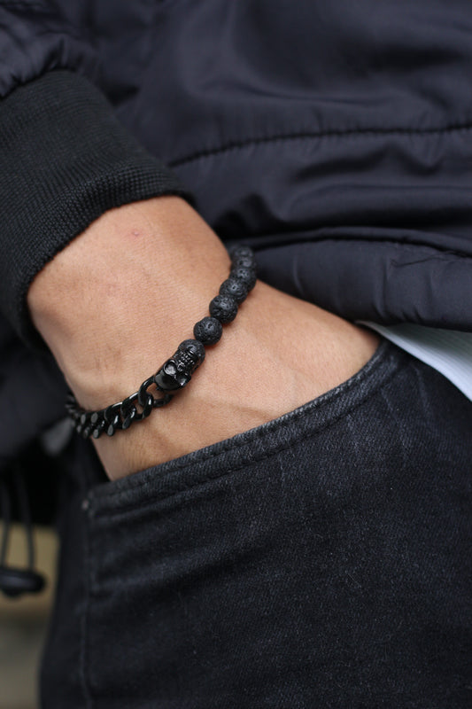 Pulseira Pedra Vulcânica Crânio Caveiras - Monterrier