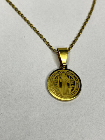 Colar Corrente com Pingente Medalha São Bento Dourada Aço Inoxidável 60cm - Monterrier