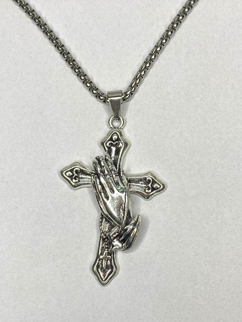Colar Masculino com Pingente De Mãos Em Oração Com Cruz Aço Inoxidável 70cm - Monterrier