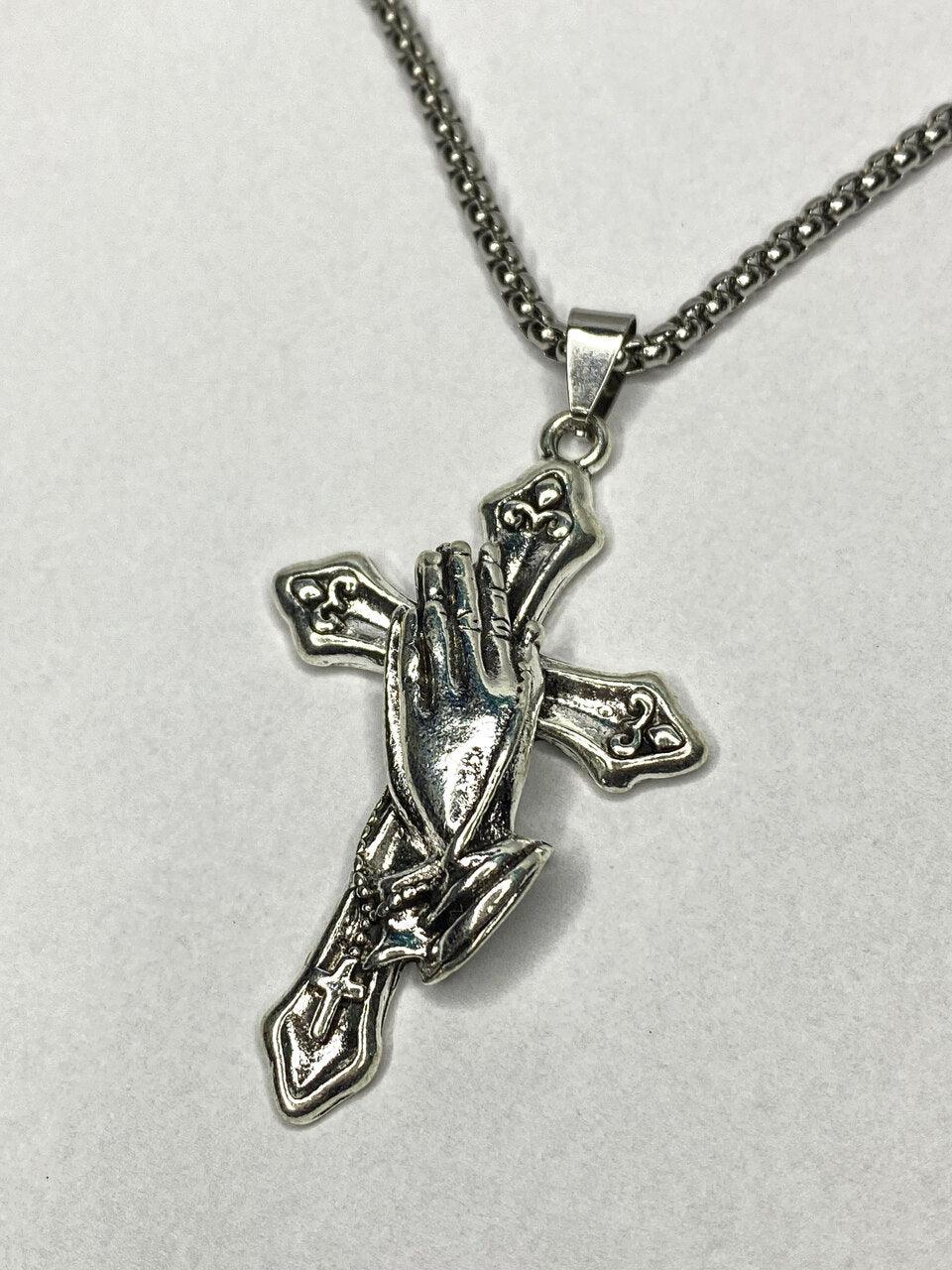 Colar Masculino com Pingente De Mãos Em Oração Com Cruz Aço Inoxidável 70cm - Monterrier