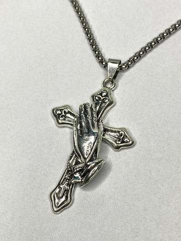 Colar Masculino com Pingente De Mãos Em Oração Com Cruz Aço Inoxidável 70cm - Monterrier