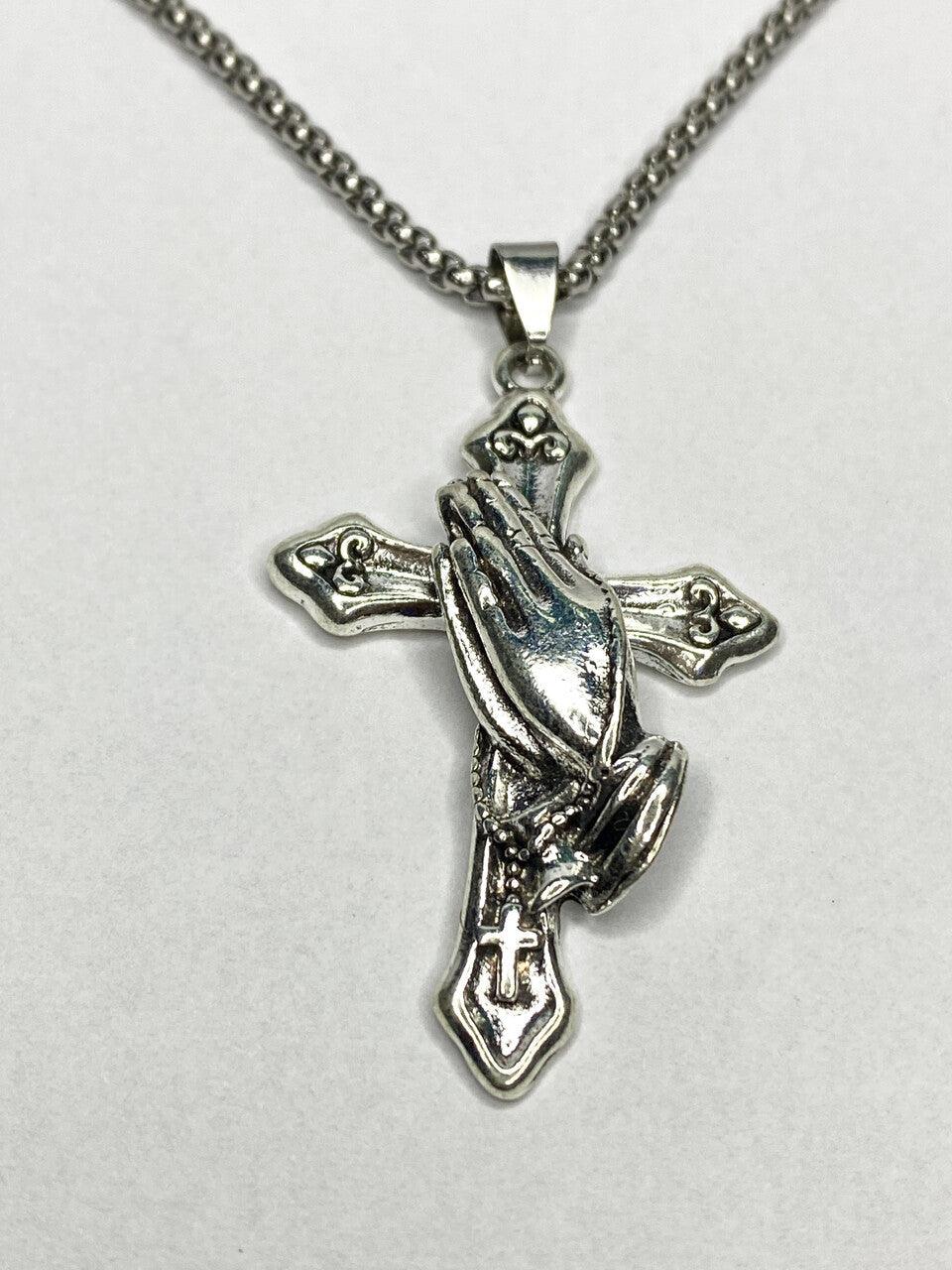 Colar Masculino com Pingente De Mãos Em Oração Com Cruz Aço Inoxidável 70cm - Monterrier